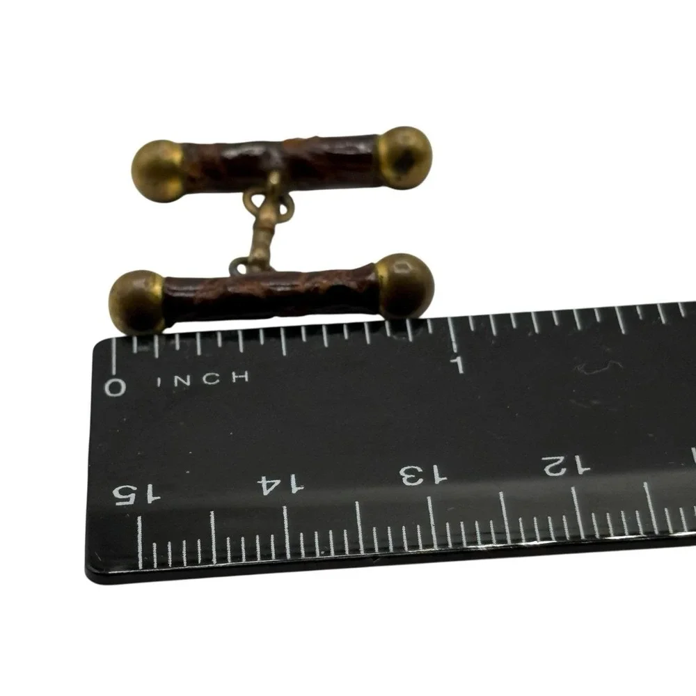Vtg Antique Cufflinks Brown Snakeskin Leather Brass Barbell ‎ Chain Link RARE
